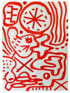 an abstract red pen drawing on paper