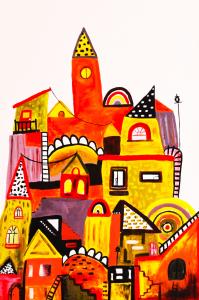 A painting of orange and yellow houses stacked on top of each other.