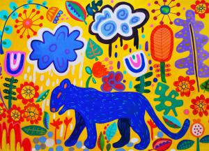 A painting of a blue tiger with colourful flowers 