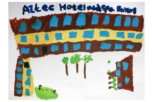 A big hotel sits along the top half of the painting with blue windows and brown and yellow brickwork. Trees and other smaller buildings are in the foreground. Along the top it says The Aztec Hotel and Spa Bristol.