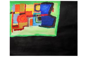 Abstract circles and squares in bright blues, reds and greens sit in the top left corner of a big pitch black box