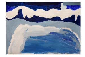 Waves are painted wobbling across the page in many blues and white tones with the colours mixing more at the front as the wave turns to foam.