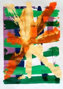 Like a stained glass window, transparent oranges, purples and greens shine through each other in stripes and a diagonal cross