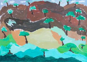 Acrylic painting of hills with fields changing from light green in the foreground to dark brown in the background dotted with green trees