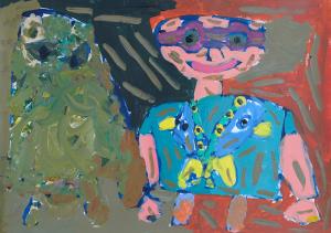 Painting in thick acrylic paint showing a dog on the left and a person on the right. The person is smiling and wearing a blue top and purple glasses. The dog is painting in swirls of khaki, blue and green paint all mixed together. The background is black and salmon pink.