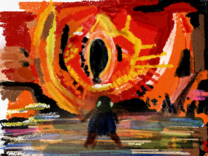 A digital drawing of an orange dragon eye from lord of the rings with a small figure standing in front of it