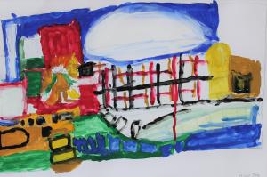 Painting of a building with a big white roof and a person standing next to it