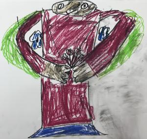 A drawing of a figure wearing a pink dress and holding flowers