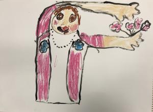 A drawing of a figure holding flowers above their head