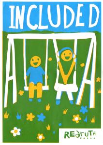 green and blue poster that says "included"