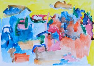 Abstract painting in watercolours showing hot yellows and pinks and cool blues suggesting shade and the sea.