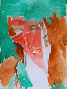 Watery picture with long face appearing out of green brush strokes. The face is red and sharp and leans to one side with big eyes.