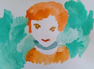 Washy green and orange watercolour with a delicate face watching something intently.
