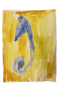 A blue seahorse on a yellow painted background in watercolour