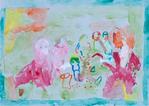 Watercolour painting showing outlines and impressions of people seeming to melt into a green and yellow background. Some of the figures are pink and white and some are outlines of orange, blue, green and red.