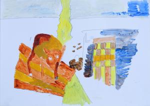 Acrylic painting on white paper showing a rusty-red fox slinking towards a chicken wire fence. The painting is divided strongly in the middle by yellow passages.