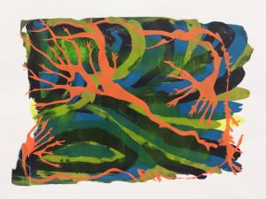 Seaweed screen print in orange, blue and green