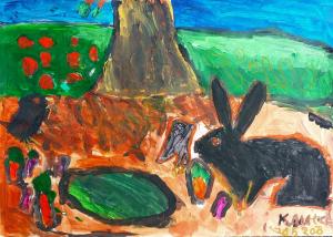 a painting of a black rabbit on the brown earth next to a tree with green fields and a blue sky in the background
