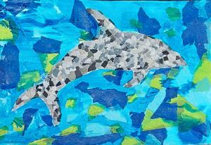 Collage of a black, white and grey dolphin on a blue background