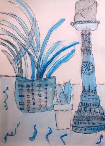 Still life drawing of a plant, a cactus and a candlestick drawn in black with a blue wash