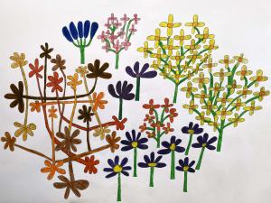 Flowers are drawn in. an orderly way, turned into a pattern in yellow purple and orange felt pens