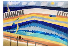 Bright sunny outdoor swimming pool with inviting blue water, steps, changing rooms. The sea and sun are beyond.