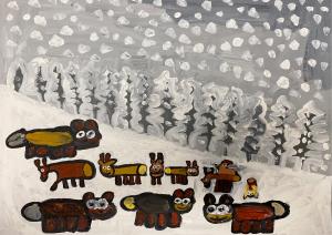 Snow is painted thickly on a hillside against a grey sky, but the reindeer in the foreground are smiling
