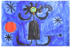 A playful black shape almost like a figure but with a flower head sits in the middle of a blue washy background with a strong red circle on the left