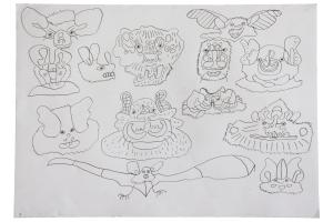 A page full of drawings of bat heads, whole bats, ideas for bat sculptures, beautifully arranged on the page