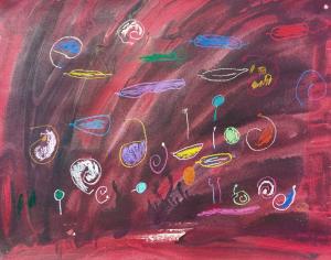 a drawing of a purple background with colourful swirly shapes drawn on top 