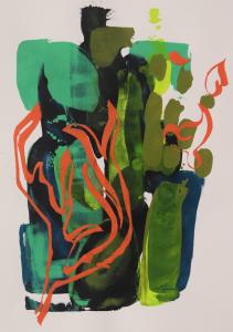 Splotches of green and blue mingle behind strongly drawn coral-orange lines which wave around like seaweed.