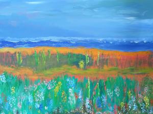 Vivid spring flowers sit on top of an orange ground with deep blue sea and sky beyond. The colours feel hot and you can smell the sea in the wind.