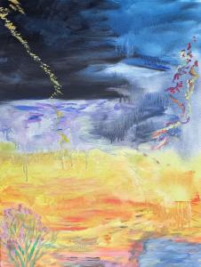 The top half is dark with black and blue washes, cut through with a streak of lightning and the bottom half is sunny and yellow, like a dream with two conflicting feelings.