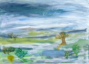 Painting of a landscape with fast-moving dark clouds above. The land and bushes are painted in quick brushstrokes seeming to suggest being moved by the wind.