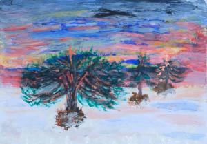 Three fir trees sit in a white winter landscape. The sky behind and above them is intense with pinks and blues as though sunset or sunrise. The trees are lit up with bronze stars.