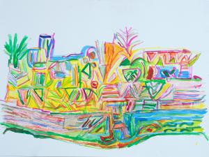 Ink drawing in bright colours with abstract shapes, stripes, triangles, lines and traces of objects. The dominant colour is yellow, among bright, transparent pink, orange, red and green..