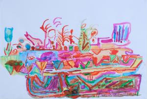 Ink drawing in bright colours with abstract shapes, stripes, triangles, lines and sometimes objects such as a vase and flowers. The colours are bright and transparent pink, orange, red, yellow, green and blue.