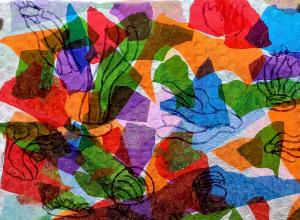 Coloured transparent collage pieces shine out of a bubblewrap background, like seaglass under the water