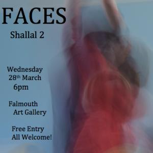 Poster for Faces performance on a soft blue background with an out-of-focus figure dancing filling most of the image