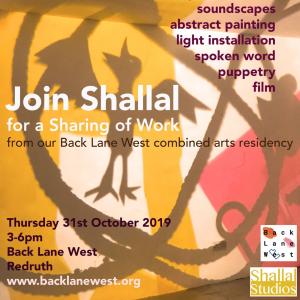 Poster for Shallal Back Lane West sharing event. Poster shows bird shapes and abstract shapes projected on the wall in yellow red and brown colours.