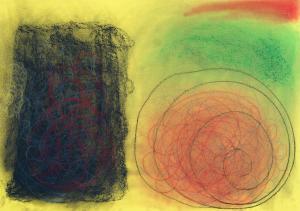 abstract drawing in yellow, black, green and red