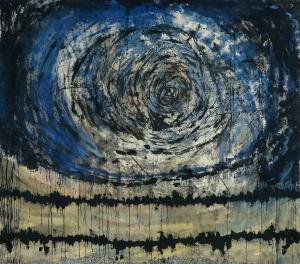 abstract painting on canvas with strong blue and black marks in a circular motion 