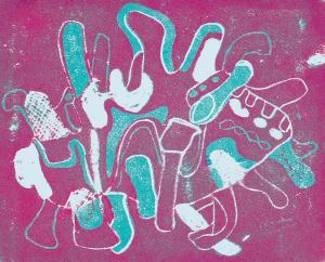 pink and blue screen print