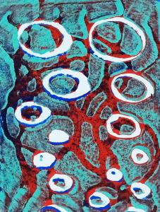 blue and red screen print with white bubbles