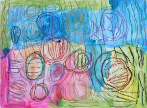 A large, colour-saturated drawing. Passages of pastel colour, reaching to the edges of the paper, sit behind roughly drawn oil pastel circles of different sizes, held in space by lines between them.