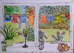 A painting of a view through the window showing a sunny garden with washing on the line
