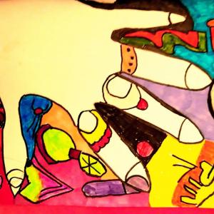 Painting of a hand wearing rings with objects around the hand. The hand is yellow and the background objects are red, pink, green and yellow.