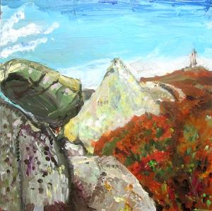 A painting of Carn Brea in Cornwall. There are grey rocky mounds in the foreground with a blue sky