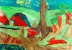 A painting of red squirrels in a green woodland