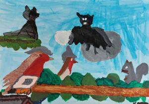 painting of 2 bats and 2 robins and a squirrel